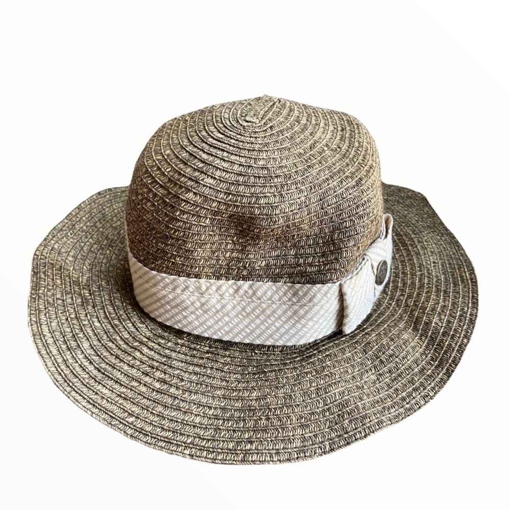 Goorin Bros Low Straw Porkpie Hat Floppy Round Top Woven Striped Button Detail S